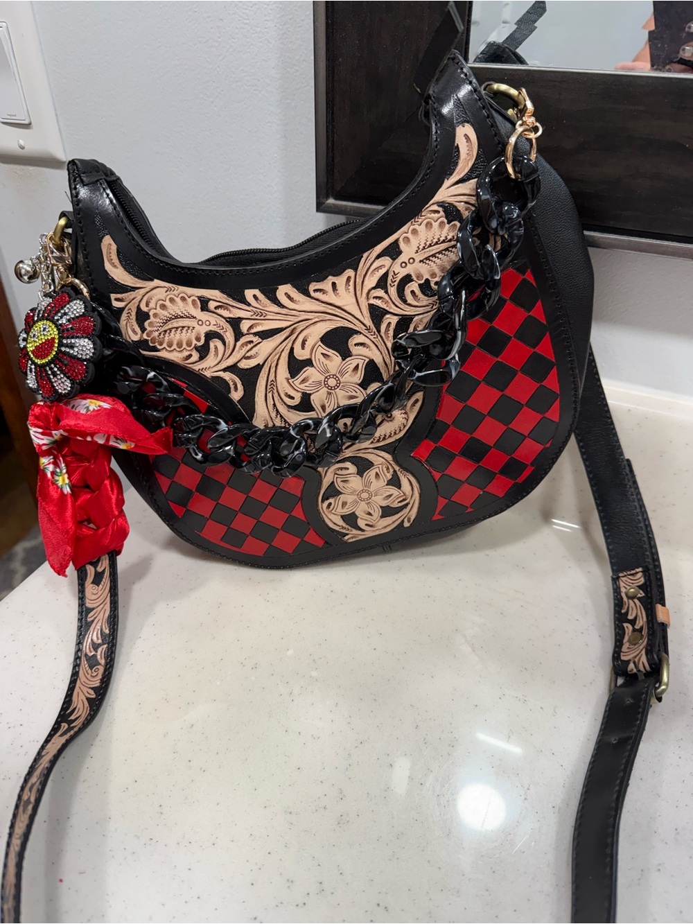 Black and Red Floral Tooled Leather Crossbody Bag